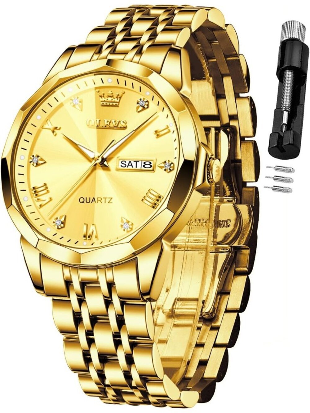 Men's All Gold Diamond Analog Quartz Stainless Waterproof Luminous Round Watch